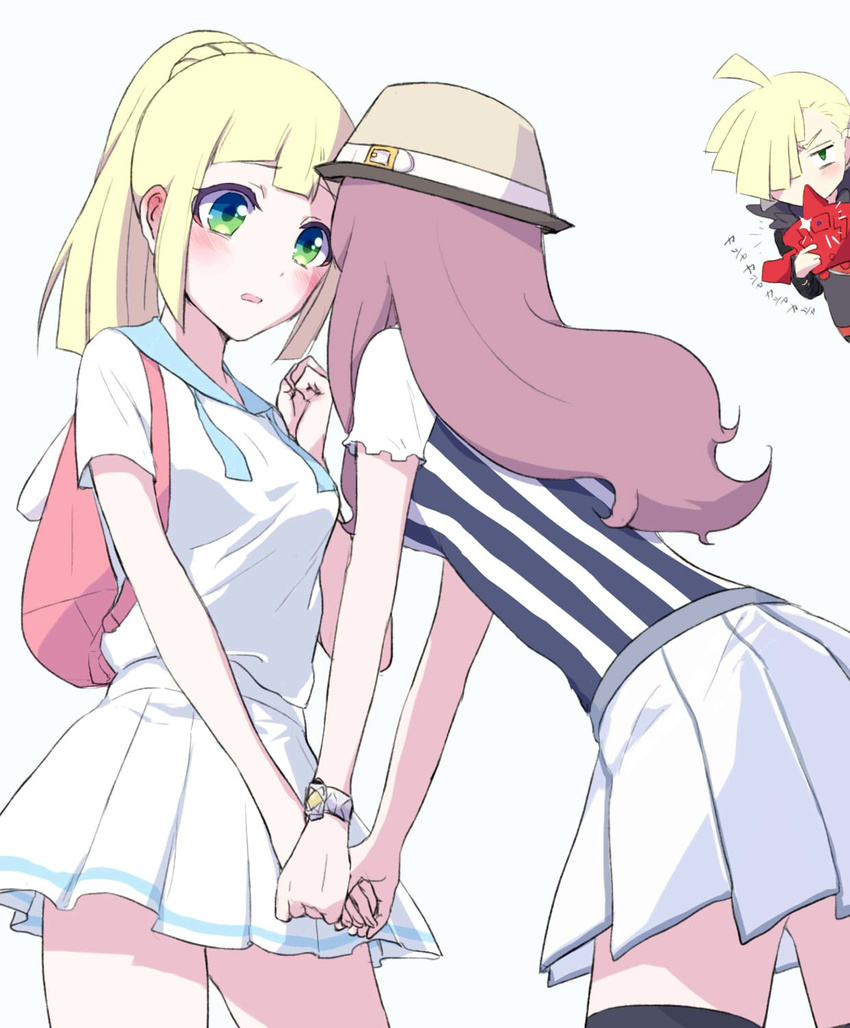 2girls backpack bag blonde_hair blush brother_and_sister brown_hair from_side gen_4_pokemon gladio_(pokemon) green_eyes hair_over_one_eye hat highres holding_hands lillie_(pokemon) long_hair mizuki_(pokemon) multiple_girls open_mouth pokedex pokemon pokemon_(game) pokemon_sm ponytail rotom rotom_dex shirt short_hair short_sleeves siblings simple_background skirt suzukinoko1021 white_background white_shirt white_skirt yuri z-ring