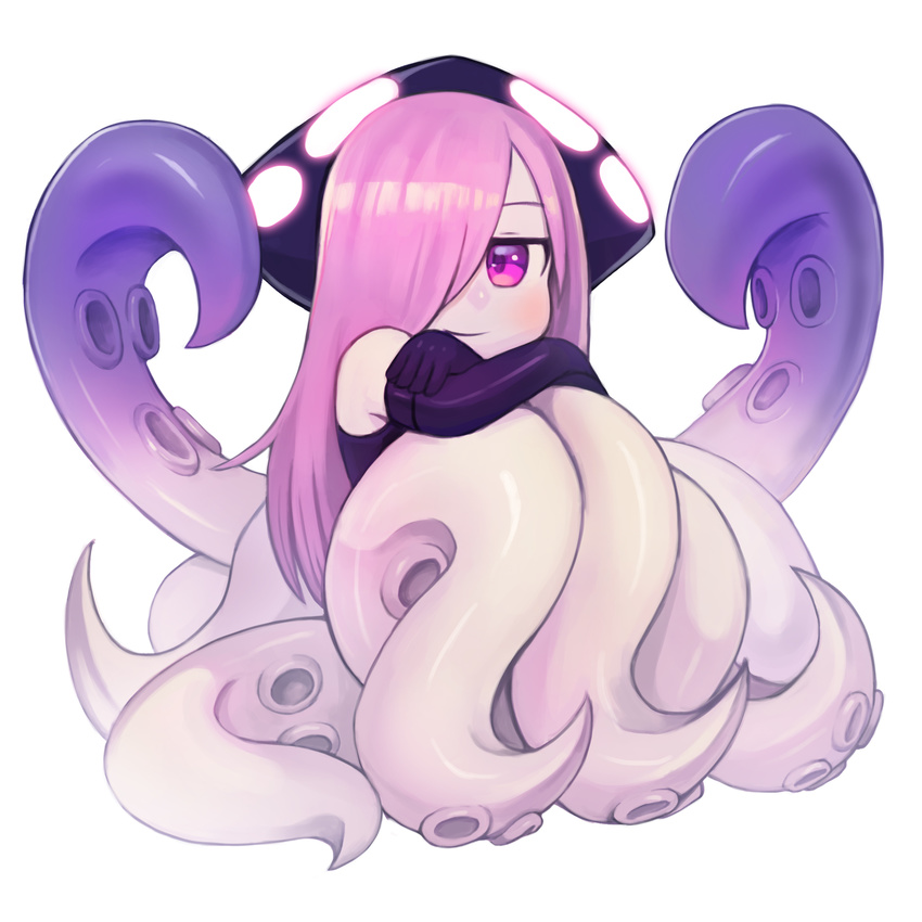 black_gloves blush child closed_mouth commission crossed_arms dress elbow_gloves full_body gloves hair_over_one_eye highres kraken_(monster_girl_encyclopedia) leg_hug long_hair looking_at_viewer monster_girl monster_girl_encyclopedia pink_eyes pink_hair purple_dress purple_gloves scylla simple_background sitting smile solo sookmo suction_cups tentacles white_background