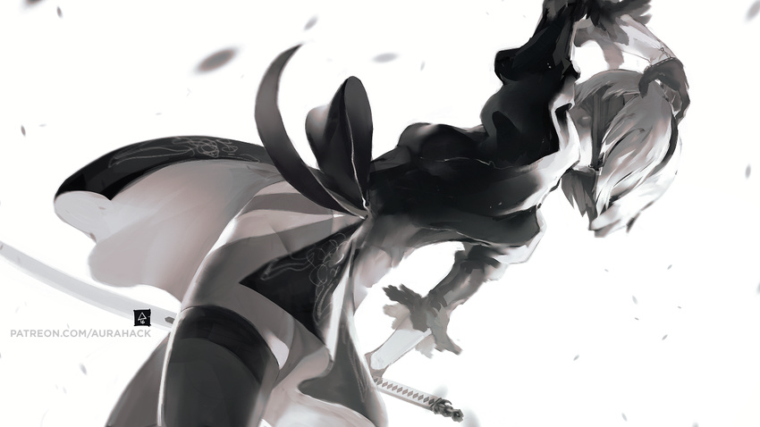 ass blindfold breasts dress dutch_angle erica_june_lahaie facing_back facing_viewer hairband holding holding_sword holding_weapon leotard_under_clothes limited_palette looking_back muted_color nier_(series) nier_automata patreon_username puffy_sleeves short_hair side_slit silver_hair simple_background small_breasts solo sword thighhighs thighs weapon wind yorha_no._2_type_b