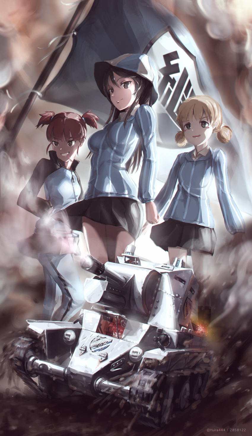 absurdres action aki_(girls_und_panzer) bangs blue_hat blue_jacket blue_pants blue_shirt blue_skirt blunt_bangs brown_eyes brown_hair bt-42 caterpillar_tracks closed_mouth commentary_request dress_shirt dust_cloud emblem firing flag girls_und_panzer green_eyes grey_skirt grin ground_vehicle hair_tie hands_in_pockets hat highres huira444 jacket keizoku_(emblem) keizoku_military_uniform keizoku_school_uniform light_brown_hair light_smile long_hair long_sleeves looking_at_viewer mika_(girls_und_panzer) mikko_(girls_und_panzer) military military_uniform military_vehicle miniskirt motor_vehicle mouth_hold multiple_girls pants parted_lips pleated_skirt raglan_sleeves red_eyes red_hair school_uniform shirt short_hair short_twintails single_vertical_stripe skirt smile standing striped striped_shirt tank toothpick track_jacket track_pants twintails uniform vertical-striped_shirt vertical_stripes white_shirt