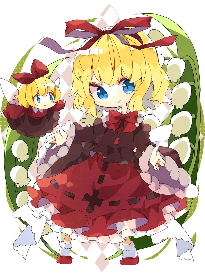 blonde_hair blue_eyes bow brown_shirt chibi closed_eyes fairy_wings flower frilled_shirt frilled_skirt frilled_sleeves frills full_body hair_bow hair_ribbon highres lily_of_the_valley looking_at_another looking_at_viewer medicine_melancholy nikorashi-ka open_hand red_bow red_ribbon red_skirt ribbon shirt short_hair skirt smile su-san touhou wavy_hair white_bow white_legwear wings