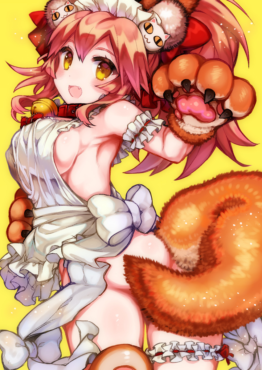 animal_ears apron ass bell bell_collar blush breasts collar convenient_censoring fangs fate/grand_order fate_(series) fox_ears fox_tail fumi_(aoi125) gloves hair_ribbon highres large_breasts leg_garter long_hair looking_at_viewer naked_apron open_mouth paw_gloves paws pink_hair red_garter ribbon sideboob simple_background solo tail tail_censor tamamo_(fate)_(all) tamamo_cat_(fate) yellow_background yellow_eyes