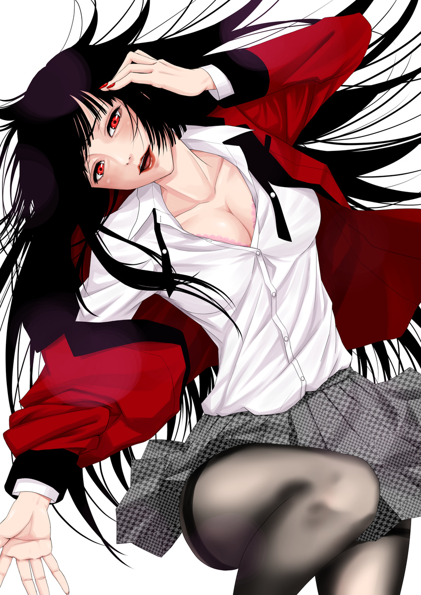 bangs black_hair black_legwear blazer bra breasts cleavage collarbone dress_shirt hand_on_own_chest highres houndstooth jabami_yumeko jacket kakegurui lace lace-trimmed_bra large_breasts lips lipstick long_hair looking_at_viewer lying makeup nail_polish on_back open_mouth pantyhose pink_bra red_eyes red_lips red_nails school_uniform shelty shirt skirt solo thighband_pantyhose underwear very_long_hair white_shirt