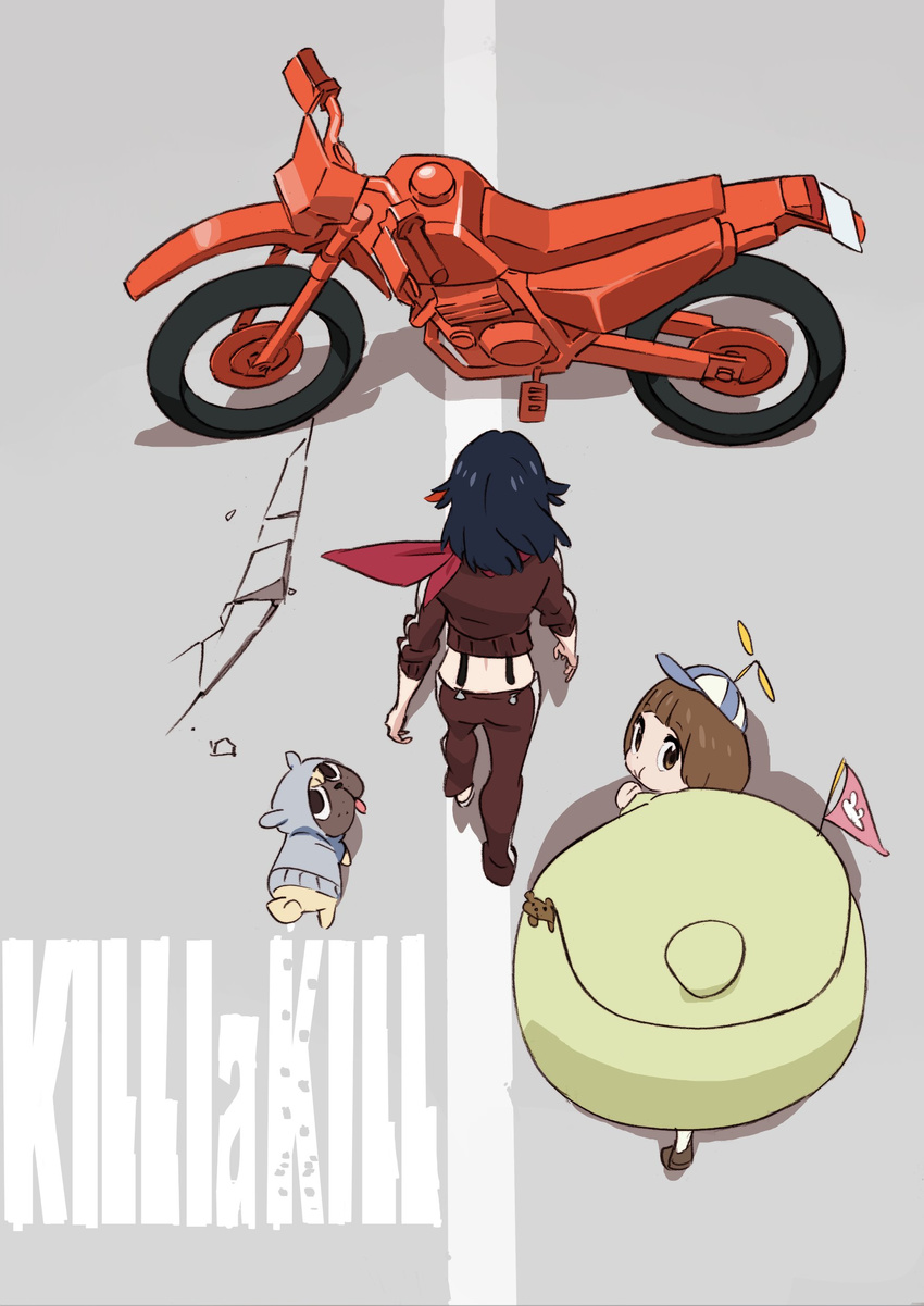 absurdres akira bag bob_cut dog eating from_above from_behind ground_vehicle guts_(kill_la_kill) hat highres kill_la_kill looking_at_viewer looking_back mankanshoku_mako matoi_ryuuko motor_vehicle motorcycle movie_poster multiple_girls official_art ootomo_katsuhiro_(style) parody pet pug road street sushio