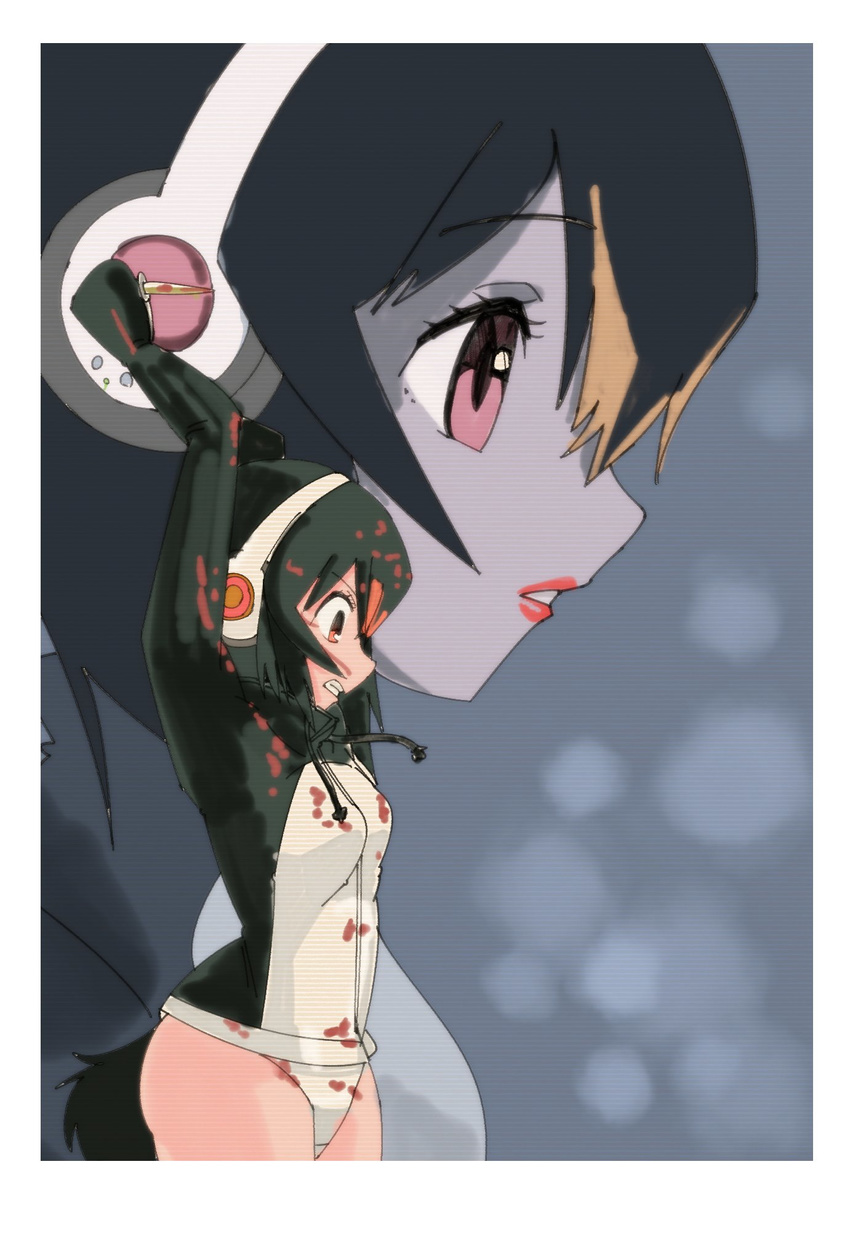 arms_up black_hair black_jacket blood bloody_clothes bloody_hair clenched_teeth commentary cowboy_shot from_side gentoo_penguin_(kemono_friends) grey_background hair_between_eyes headphones highres holding holding_knife jacket kemono_friends knife lipstick long_sleeves makeup multicolored multicolored_clothes multicolored_hair multicolored_jacket multiple_views omnisucker orange_hair parody penguin_tail perfect_blue red_eyes red_lips tail teeth violence white_jacket zoom_layer