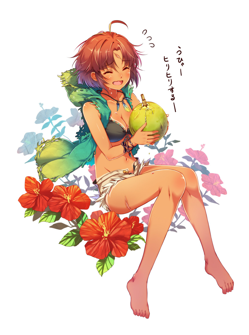 ahoge barefoot bikini black_bikini blue_eyes bracelet breasts claws cleavage closed_eyes fang feathers flower flying_sweatdrops food front-tie_top fruit full_body hibiscus highres hood hoodie jewelry mataichi_mataro medium_breasts navel necklace open_clothes open_mouth open_shorts red_hair scar short_hair short_shorts shorts sitting smile sweat swimsuit tan tanline yuba_no_shirushi