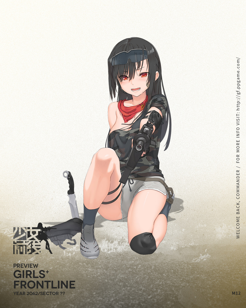 :d aiming_at_viewer bandaid bandaid_on_cheek bandaid_on_face bandana bangs beretta_m12 black_gloves black_legwear blush breasts camouflage camouflage_shirt character_name copyright_name elbow_pads eyebrows_visible_through_hair full_body girls_frontline gloves goggles goggles_on_head grey_footwear gun gym_shorts hair_down highres holding holding_gun holding_weapon holster knee_pads knee_up knife long_hair looking_at_viewer m12_(girls_frontline) medium_breasts open_mouth shadow shirt shoes short_sleeves shorts sidelocks sitting smile sneakers socks solo submachine_gun thigh_holster thighs torn_clothes torn_shirt watermark weapon web_address