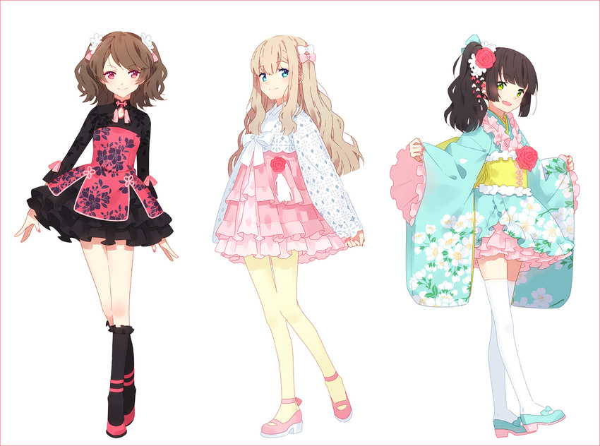 aqua_footwear bangs black_hair black_legwear black_skirt blonde_hair blue_eyes blush brown_hair chinese_clothes closed_mouth crossed_legs eyebrows_visible_through_hair flats frilled_kimono frills full_body green_eyes hair_ornament hakusai_(tiahszld) hanbok hands_up japanese_clothes kanzashi kimono kimono_skirt kneehighs korean_clothes long_hair long_sleeves looking_at_viewer mary_janes multiple_girls nail_polish open_mouth original pantyhose petticoat pink_footwear purple_eyes red_nails shoes side_ponytail sidelocks simple_background skirt sleeves_past_wrists smile standing swept_bangs thighhighs traditional_clothes twintails wavy_hair white_background white_legwear wide_sleeves yellow_legwear