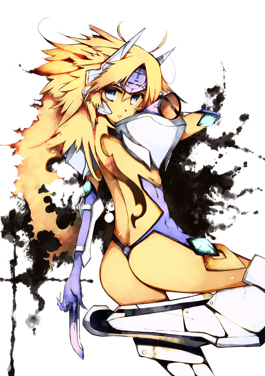 1girl blazblue blonde_hair blue_eyes bodysuit breasts from_behind headpiece long_hair looking_back mecha_musume mu-12 navel small_breasts solo thighhighs