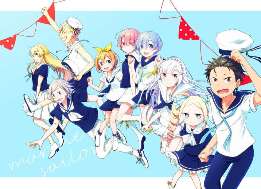 black_hair blonde_hair blue_eyes blue_hair blue_pants blue_shirt blue_skirt blush closed_eyes commentary_request dress drill_hair emilia_(re:zero) frederica_baumann garfiel_tinsel group_picture hair_ornament hair_over_one_eye hair_ribbon hat jumping kanata_(kanakana_re0) long_hair multiple_girls natsuki_subaru open_mouth otto_suewen pants peaked_cap petra_leyte pink_hair ram_(re:zero) re:zero_kara_hajimeru_isekai_seikatsu red_eyes rem_(re:zero) ribbon sailor sailor_dress shirt short_hair silver_hair skirt smile white_pants white_shirt x_hair_ornament