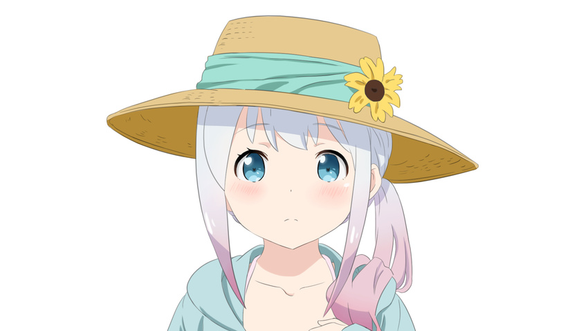 aqua_ribbon blue_eyes blue_sweater blush cardigan collarbone eromanga_sensei eyebrows_visible_through_hair flower fukuri hat hat_flower hat_ribbon highres izumi_sagiri long_hair looking_at_viewer open_cardigan open_clothes portrait ribbon sidelocks silver_hair simple_background solo straw_hat sun_hat sweater white_background yellow_flower yellow_hat