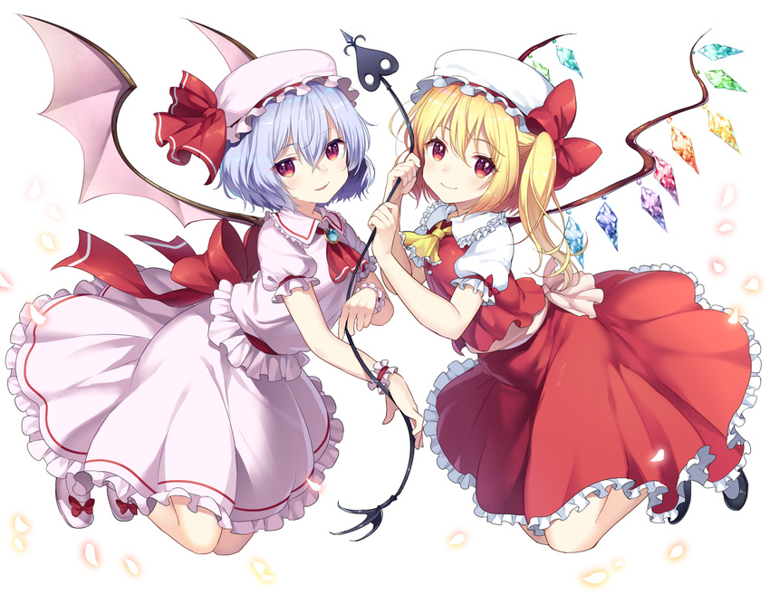 ascot bangs bat_wings black_footwear blonde_hair blue_hair bow brooch closed_mouth commentary_request crystal eyebrows_visible_through_hair flandre_scarlet frilled_ascot frilled_shirt frilled_shirt_collar frilled_skirt frilled_sleeves frills full_body glowing glowing_petals hair_between_eyes hat hat_ribbon head_tilt holding jewelry laevatein looking_at_viewer looking_to_the_side medium_skirt mob_cap multiple_girls parted_lips petals pink_hat puffy_short_sleeves puffy_sleeves red_bow red_eyes red_neckwear red_ribbon red_skirt red_vest reimin remilia_scarlet ribbon shiny shiny_hair shirt shoe_bow shoes short_hair short_sleeves side_ponytail simple_background skirt skirt_set smile socks touhou vest white_background white_footwear white_hat white_legwear white_shirt white_skirt wings wrist_cuffs yellow_neckwear