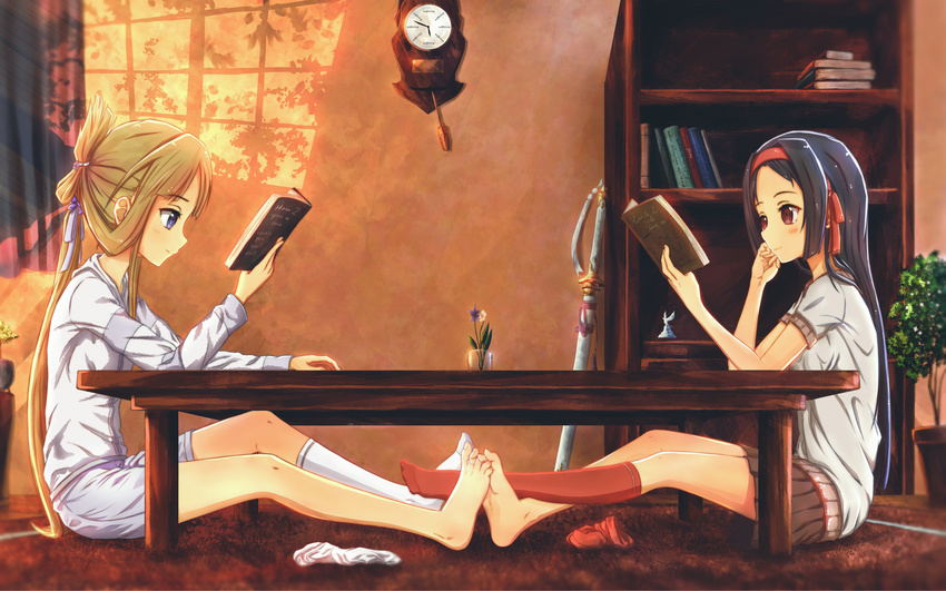 absurdres barefoot black_hair blonde_hair blush book book_stack bookshelf brown_skirt chin_rest clock closed_mouth commentary crossed_legs curtains english folded_ponytail footsies from_side full_body glass hairband highres indoors itaro kneehighs kneehighs_removed koori_chikage long_hair long_sleeves multiple_girls nogi_wakaba nogi_wakaba_wa_yuusha_de_aru open_book plant ponytail potted_plant profile purple_eyes reading red_eyes red_legwear sheath sheathed shirt shorts sitting skirt smile sunlight sword table uesato_hinata very_long_hair weapon white_legwear white_shirt white_shorts yuri yuusha_de_aru