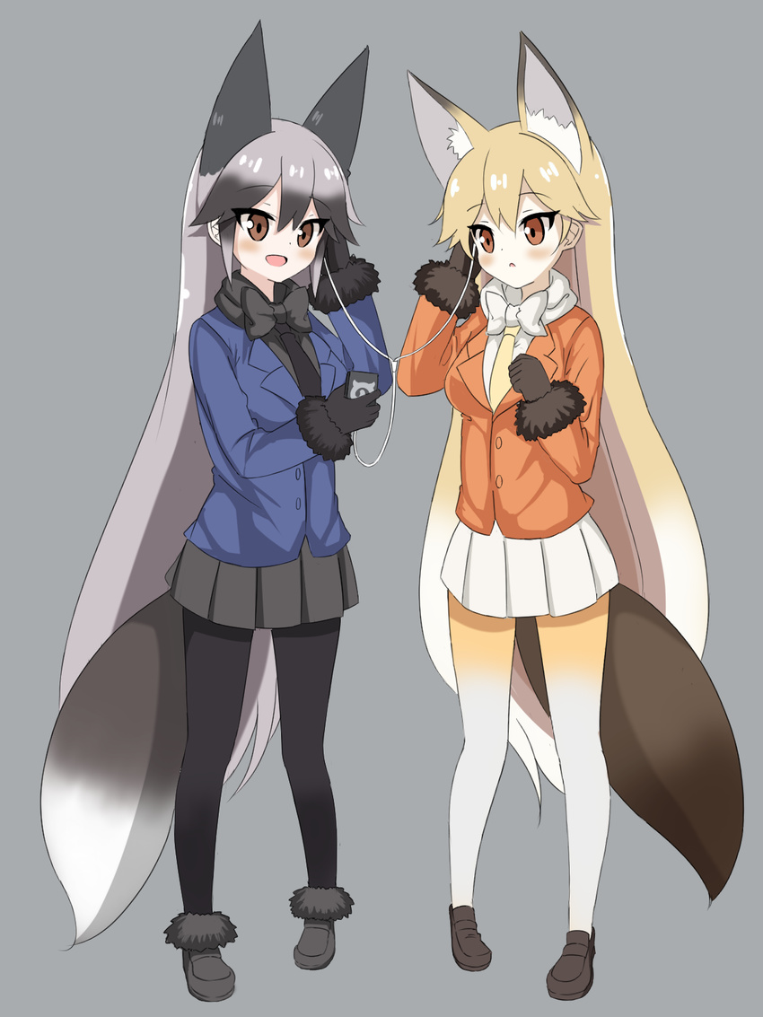 animal_ears black_bow black_gloves black_legwear black_neckwear black_skirt blonde_hair blue_jacket blush bow bowtie brown_eyes chestnut_mouth clenched_hand commentary_request digital_media_player earphones extra_ears ezo_red_fox_(kemono_friends) fox_ears fox_tail gloves gradient_hair gradient_legwear grey_background hand_on_ear highres jacket japari_symbol kemono_friends loafers long_hair long_sleeves miniskirt multicolored_hair multiple_girls necktie orange_jacket pantyhose pleated_skirt sasanoha_(sasanoha0712) shared_earphones shoes silver_fox_(kemono_friends) silver_hair simple_background skirt smile standing tail very_long_hair white_bow white_hair white_legwear white_neckwear white_skirt yellow_legwear yellow_neckwear