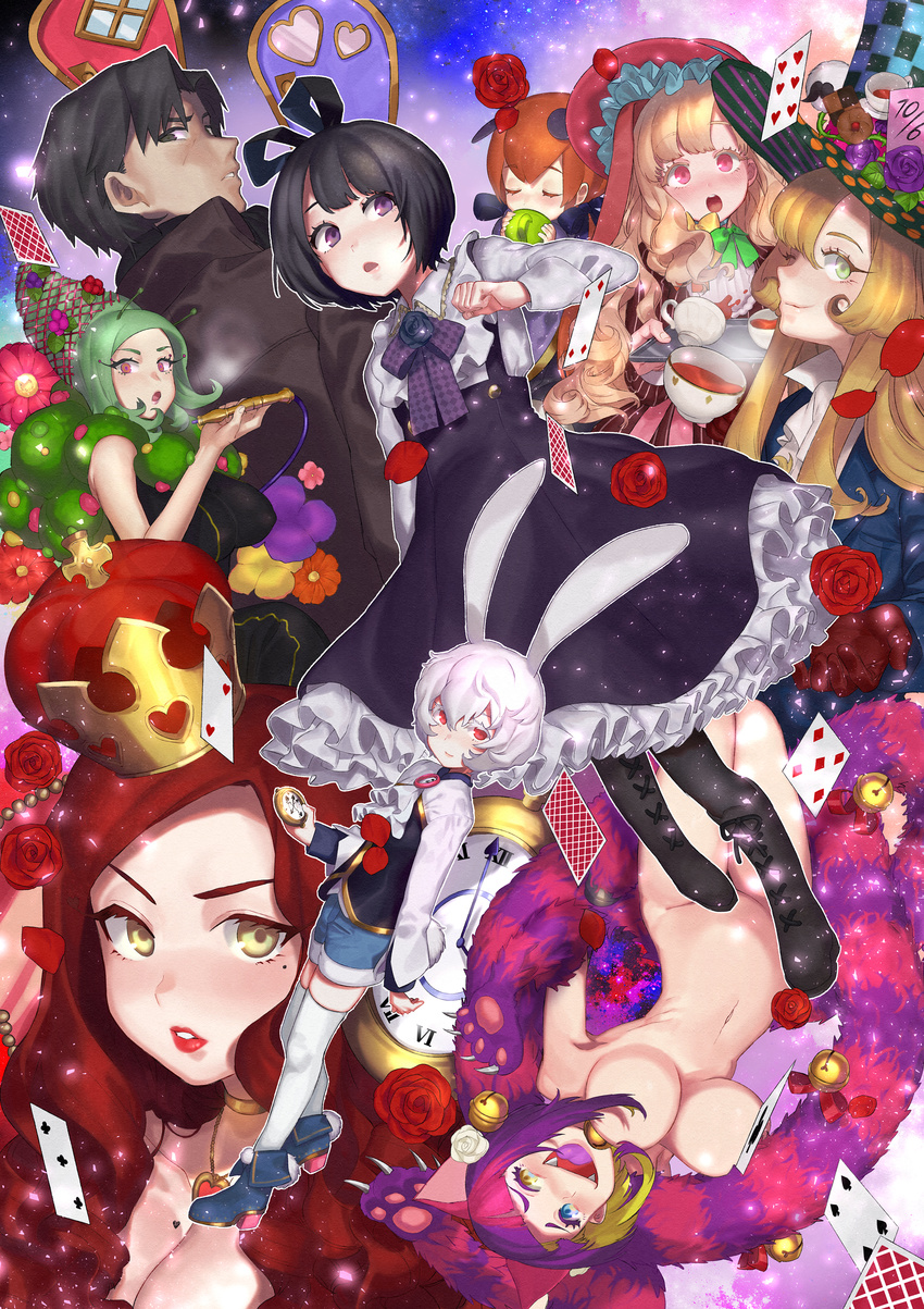 6+girls :d :o absurdres alice_in_wonderland amanekuu animal_ears antennae armpit_peek ascot bangs bare_arms bare_shoulders bell black_eyes black_flower black_footwear black_hair black_ribbon black_rose black_scarf black_shirt blue_eyes blue_footwear blue_jacket blue_shorts blush bonnet boots breast_tattoo breasts brown_coat brown_hair card cat_ears cat_paws caterpillar_(wonderland) cheshire_cat choker cleavage closed_eyes closed_mouth club_(shape) coat collarbone collared_shirt commentary_request convenient_censoring crown cup drinking fangs fingernails flower frilled_skirt frills green_eyes green_hair green_ribbon grin hair_between_eyes hair_ornament hair_ribbon hat hat_flower heart heart_necklace heart_tattoo heterochromia high_heels highres holding holding_tray jacket jewelry jingle_bell knee_boots large_breasts leaf lipstick long_hair long_sleeves long_tail looking_at_viewer looking_away looking_back looking_to_the_side mad_hatter makeup mole mole_under_eye multicolored_hair multiple_boys multiple_girls navel necklace nude one_eye_closed open_mouth original parted_lips paws personification pink_eyes pink_hair projected_inset purple_eyes purple_flower purple_hair purple_ribbon purple_rose purple_skirt purple_tongue queen_of_hearts red_eyes red_flower red_hair red_lipstick red_rose ribbon ribs rose scarf sharp_fingernails shirt shoes short_hair shorts skindentation skirt sky sleeveless sleeveless_shirt smile spade_(shape) spilling standing star_(sky) starry_sky stopwatch streaked_hair striped_tail suspender_skirt suspenders tail tail_bell tattoo tea thigh_gap thighhighs top_hat tray upside-down watch white_legwear white_neckwear white_rabbit white_shirt yellow_choker yellow_eyes yellow_neckwear
