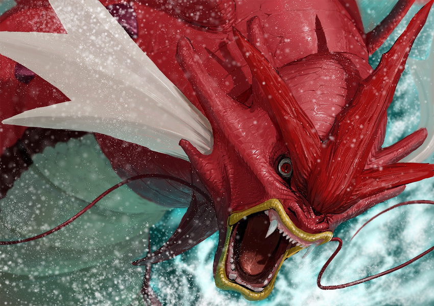 angry commentary_request fangs gen_1_pokemon gyarados looking_at_viewer mega_evolution mega_gyarados no_humans open_mouth pokemon pokemon_(creature) red_eyes red_skin sharp_teeth shiny_pokemon slit_pupils solo teeth teru_sakura water