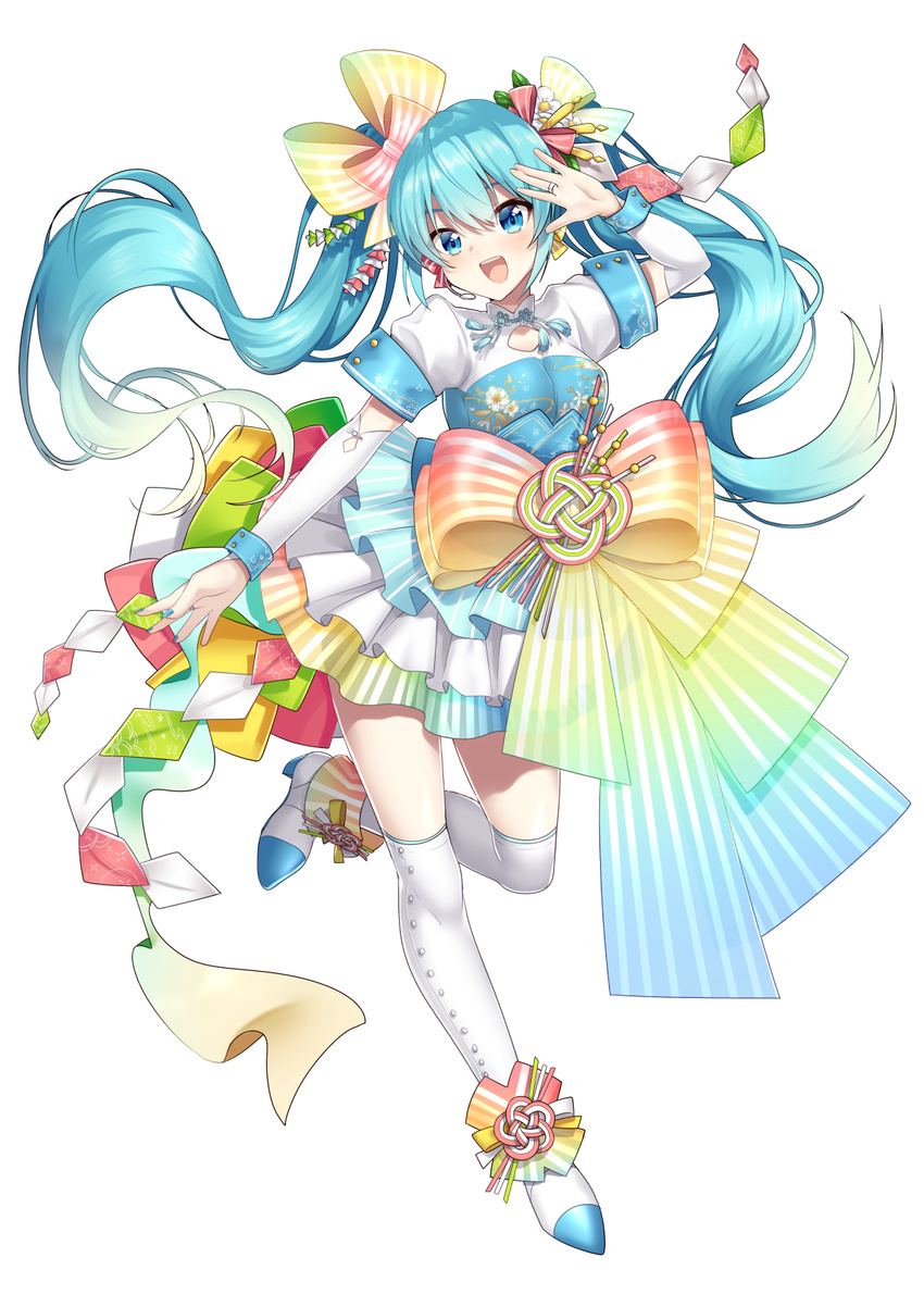 :d aqua_eyes aqua_hair aqua_nails bangs blush boots bow detached_sleeves earrings flower full_body hair_between_eyes hair_bow hair_flower hair_ornament hatsune_miku highres ichiren_namiro jewelry kneehighs long_hair looking_at_viewer nail_polish open_hands open_mouth puffy_short_sleeves puffy_sleeves ring short_sleeves simple_background skirt smile solo sparks standing standing_on_one_leg thighhighs too_many_bows twintails very_long_hair vocaloid white_background wrist_cuffs