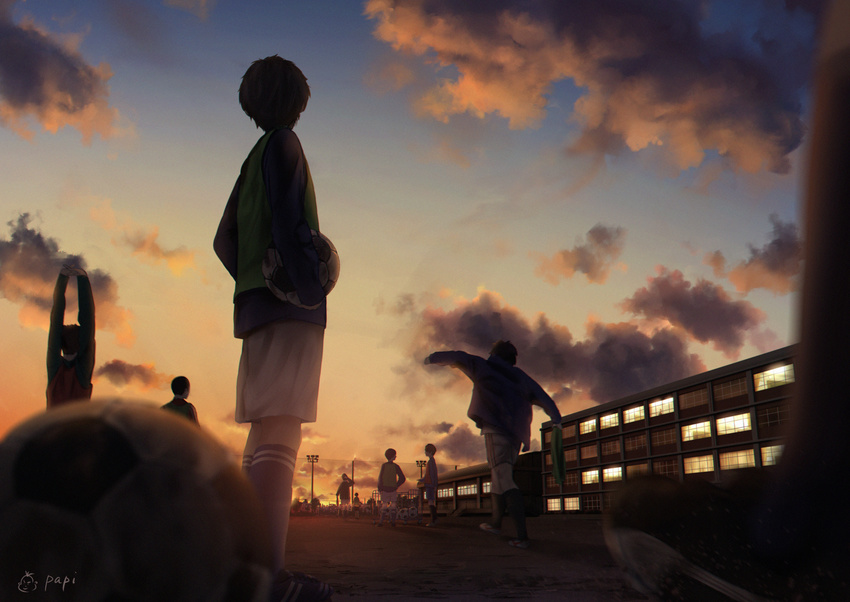 arms_up backlighting ball black_hair black_legwear blue_shirt blue_sky blurry cloud depth_of_field evening facing_away floodlights kneehighs long_sleeves male_focus multiple_boys original outdoors papi_(papiron100) school shirt shorts signature sky sleeves_past_wrists soccer_ball sportswear standing stretch sunlight sunset walking white_shorts