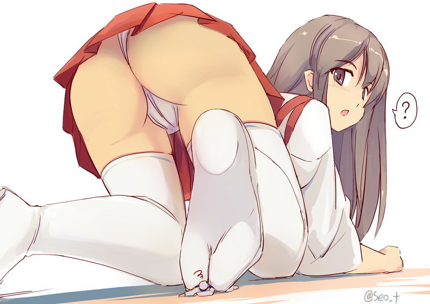 1girl ? akagi_(kantai_collection) ass beach between_toes brown_eyes brown_hair commentary_request giantess hat jacket kantai_collection kneeling long_hair looking_back military military_uniform naval_uniform panties pantyshot pantyshot_(kneeling) pleated_skirt red_skirt seo_tatsuya simple_background size_difference skindentation skirt speech_bubble spoken_question_mark squiggle thighhighs underwear uniform white_background white_hat white_jacket white_legwear white_panties