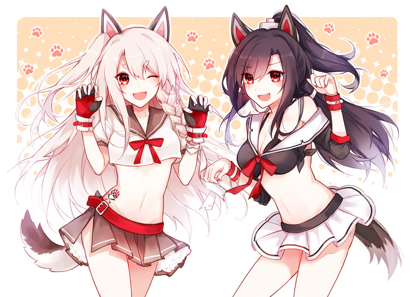 :d animal_ears azur_lane bangs belt black_bra black_gloves black_hair bra braid breasts cleavage collarbone cowboy_shot cuffs dog_ears dog_tail fang flush gloves groin headgear high_ponytail long_hair medium_breasts microskirt midriff multiple_girls nail_polish navel off_shoulder oku_arashi one_eye_closed one_side_up open_mouth paw_pose paw_print petticoat pink_nails pleated_skirt ponytail red_belt red_eyes shigure_(azur_lane) short_sleeves side_braid side_slit single_braid skirt smile swept_bangs tail tattoo underboob underwear very_long_hair white_hair yuudachi_(azur_lane)