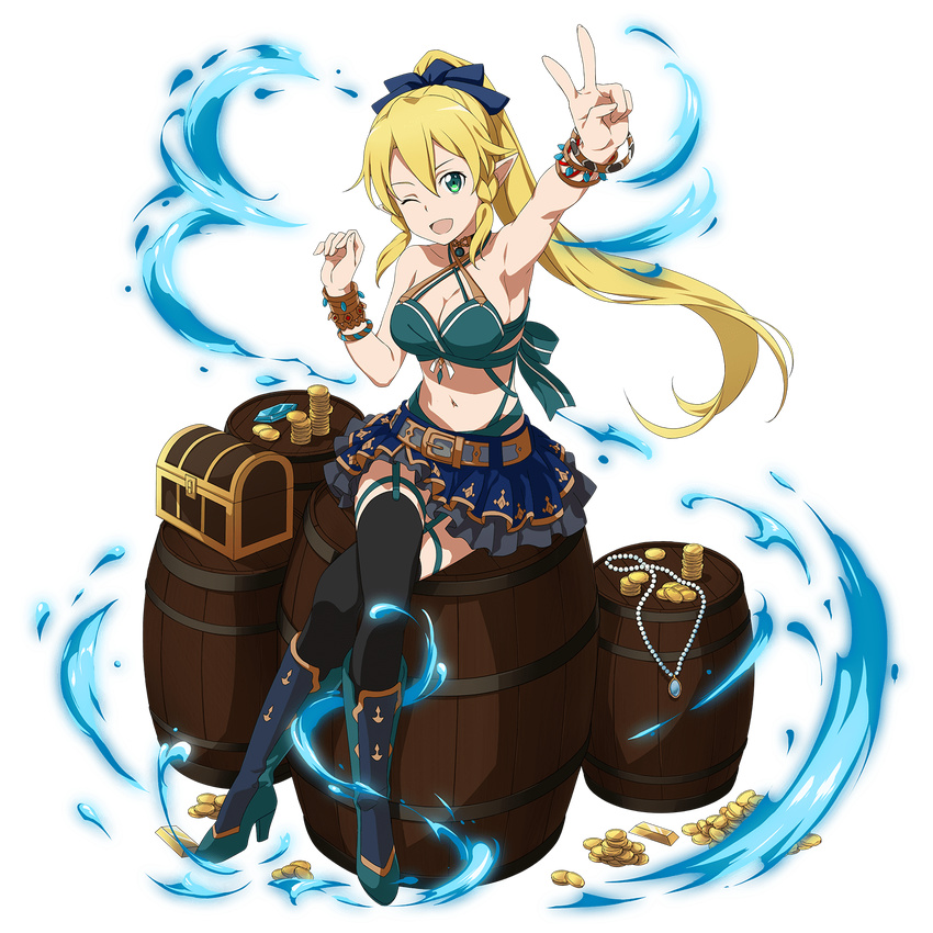 armpits barrel belt black_legwear blonde_hair boots bracelet braid breasts cleavage coin crossed_legs full_body garter_straps gem gold green_eyes high_heels high_ponytail highres jewelry large_breasts leafa long_hair looking_at_viewer money navel necklace official_art one_eye_closed open_mouth pearl_necklace pointy_ears side_braid sitting skirt solo sword_art_online sword_art_online:_memory_defrag thighhighs transparent_background treasure_chest twin_braids