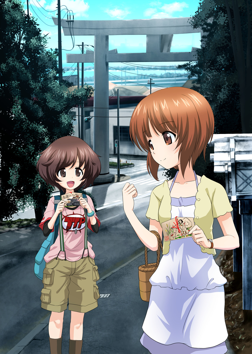 :d absurdres akiyama_yukari bag bangs basket black_legwear blouse blue_blouse blue_skirt blurry blurry_background bookbag bracelet brown_eyes brown_hair brown_shorts cargo_shorts carrying casual city closed_mouth cloud cloudy_sky commentary_request day dog_tags ema excel_(shena) eyebrows_visible_through_hair girls_und_panzer ground_vehicle highres holding jewelry light_smile long_sleeves looking_at_another looking_back medium_dress messy_hair military military_vehicle motor_vehicle multiple_girls nishizumi_miho open_mouth outdoors panzerkampfwagen_iv pink_shirt postcard power_lines print_shirt road shirt short_hair short_over_long_sleeves short_sleeves shorts skirt sky smile socks standing stone_torii street suspender_shorts suspenders t-shirt tank torii traffic_light translated tree utility_pole watch wristwatch yellow_blouse