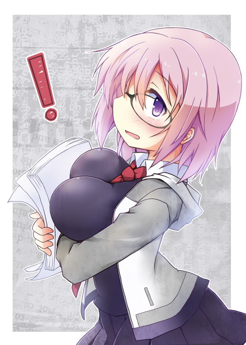 black_dress blush breasts commentary_request dress fate/grand_order fate_(series) glasses hair_over_one_eye highres jacket large_breasts looking_at_viewer mash_kyrielight necktie purple_eyes purple_hair short_hair solo yuuhi_alpha