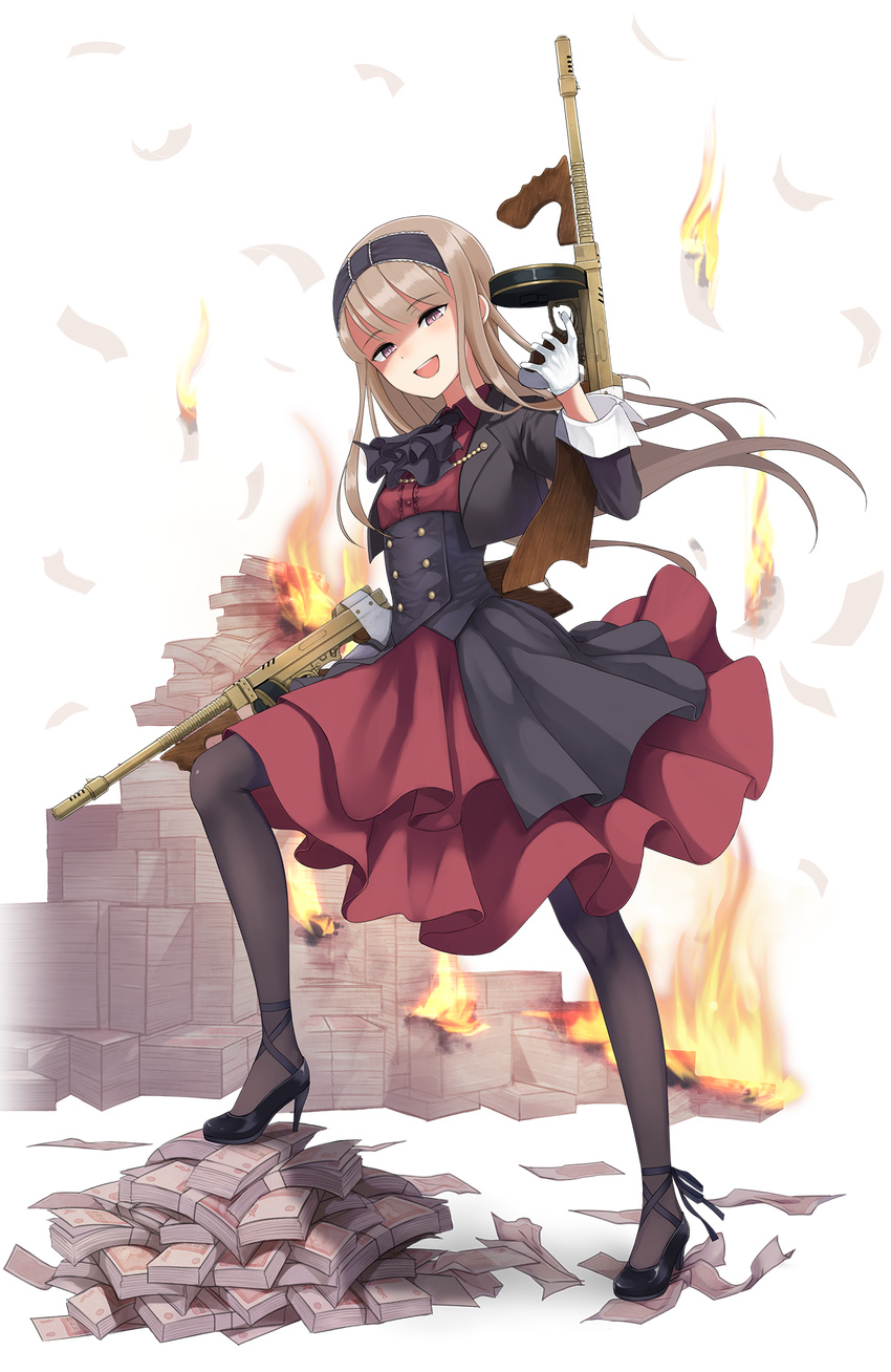 :d black_footwear black_legwear black_neckwear brown_hair dress drum_magazine dual_wielding elena_clay fire full_body gloves gun hairband high_heels highres holding holding_gun holding_weapon leg_up long_hair looking_at_viewer money official_art open_mouth pantyhose princess_principal princess_principal_game_of_mission purple_eyes red_dress shoes smile solo standing submachine_gun thompson_submachine_gun transparent_background weapon white_gloves