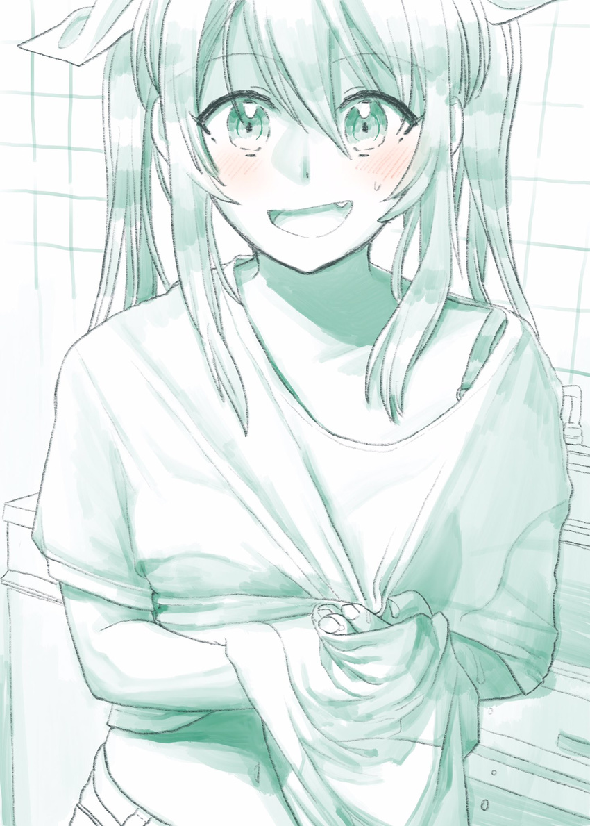 alternate_costume aqua blush bra_strap collarbone commentary eyebrows_visible_through_hair fang hair_between_eyes hair_ribbon highres kantai_collection long_hair looking_at_viewer monochrome navel open_mouth ribbon shirt sidelocks sink smile solo spot_color sweatdrop t-shirt teeth tile_wall tiles tone_(kantai_collection) twintails upper_body water wet yami_(m31)