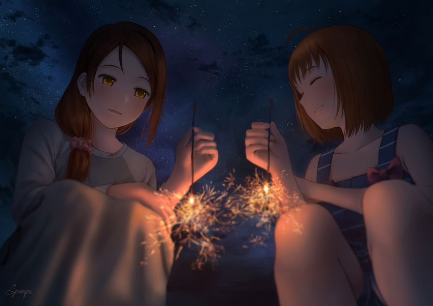 :d ^_^ ^o^ ahoge bangs bare_shoulders blurry blush bow brown_eyes brown_hair closed_eyes collarbone commentary_request depth_of_field fireworks from_below grin hair_ornament hair_over_shoulder hair_scrunchie hand_on_own_knee holding long_hair long_sleeves looking_down love_live! love_live!_sunshine!! multiple_girls night night_sky open_mouth outdoors overalls papi_(papiron100) parted_lips pink_scrunchie raglan_sleeves sakurauchi_riko scrunchie senkou_hanabi short_hair signature sky smile sparkler squatting star_(sky) starry_sky striped takami_chika teeth