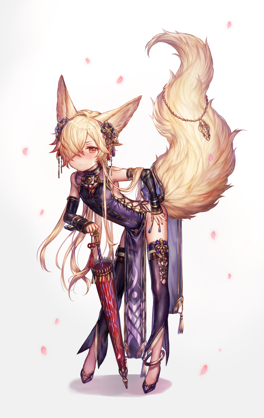 1boy animal_ears anklet backless_outfit bangs bending_forward blonde_hair blush closed_mouth collar commentary_request covered_navel cross-laced_clothes crossdressing detached_sleeves dress embarrassed erune fox_ears fox_tail full_body granblue_fantasy hair_ornament heels high_heels highres holding holding_umbrella jewelry kou_(granblue_fantasy) large_tail leaning_on_object long_hair looking_at_viewer nail_polish no_panties one_eye_covered pelvic_curtain purple_dress purple_footwear purple_sleeves see-through shigaraki_(strobe_blue) solo standing sweatdrop tail tail_raised thighhighs umbrella wrist_cuffs yellow_eyes