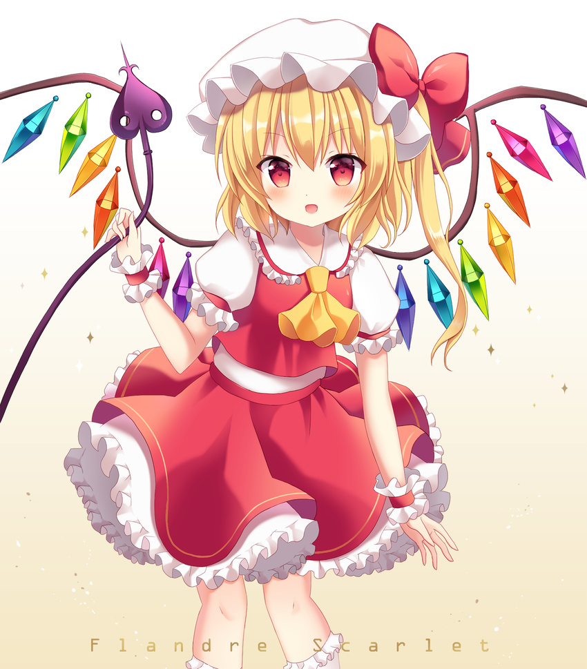 ascot blonde_hair blush bow character_name commentary_request cowboy_shot crystal flandre_scarlet frilled_shirt_collar frilled_skirt frilled_sleeves frills hat hat_bow highres laevatein leaning_forward looking_at_viewer mayo_(miyusa) md5_mismatch mob_cap parted_lips puffy_short_sleeves puffy_sleeves red_bow red_eyes red_skirt red_vest shirt short_sleeves side_ponytail skirt skirt_set solo touhou vest white_shirt wings wrist_cuffs