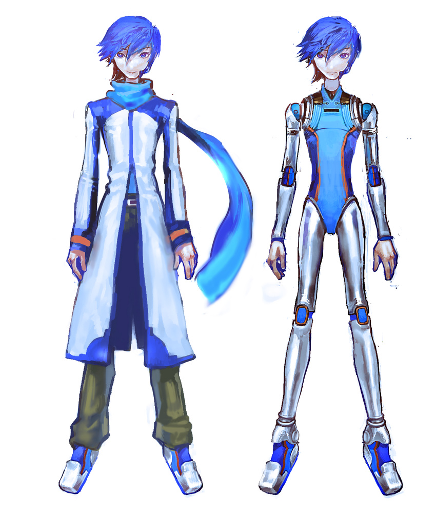 android arms_at_sides bangs blue_eyes blue_hair blue_scarf bright_pupils brown_pants clothes_removed coat full_body highres kaito long_coat looking_at_viewer male_focus no_penis pants robot_joints scarf shikuchouson simple_background smile solo standing swept_bangs vocaloid white_background