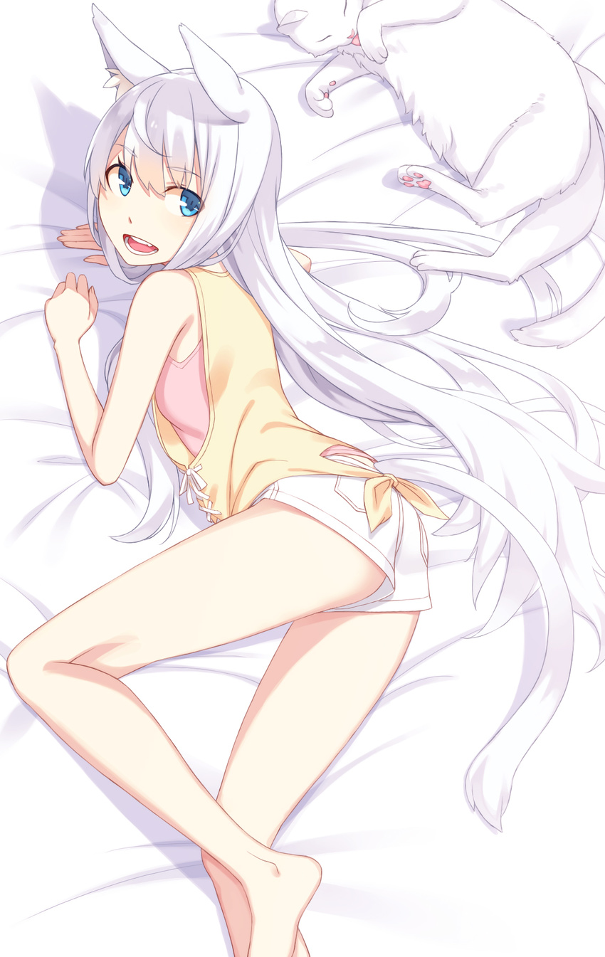 :d animal_ears arm_support bangs bare_legs barefoot bed_sheet blue_eyes cat cat_ears cat_girl cat_tail commentary_request eyebrows_visible_through_hair highres kimura_(ykimu) legs long_hair looking_at_viewer lying on_side open_mouth original shirt short_shorts shorts sidelocks smile solo tail tank_top teeth thighs tied_shirt very_long_hair white white_cat white_hair white_shorts yellow_shirt