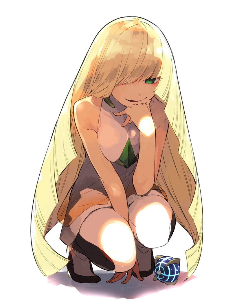 bare_shoulders blonde_hair breasts commentary_request dress full_body green_eyes hair_over_one_eye hand_on_own_chin haruba_negi high_heels highres long_hair looking_at_viewer lusamine_(pokemon) mature medium_breasts multicolored_pants parted_lips pokemon pokemon_(game) pokemon_sm shadow simple_background sleeveless sleeveless_dress solo squatting very_long_hair white_background white_dress