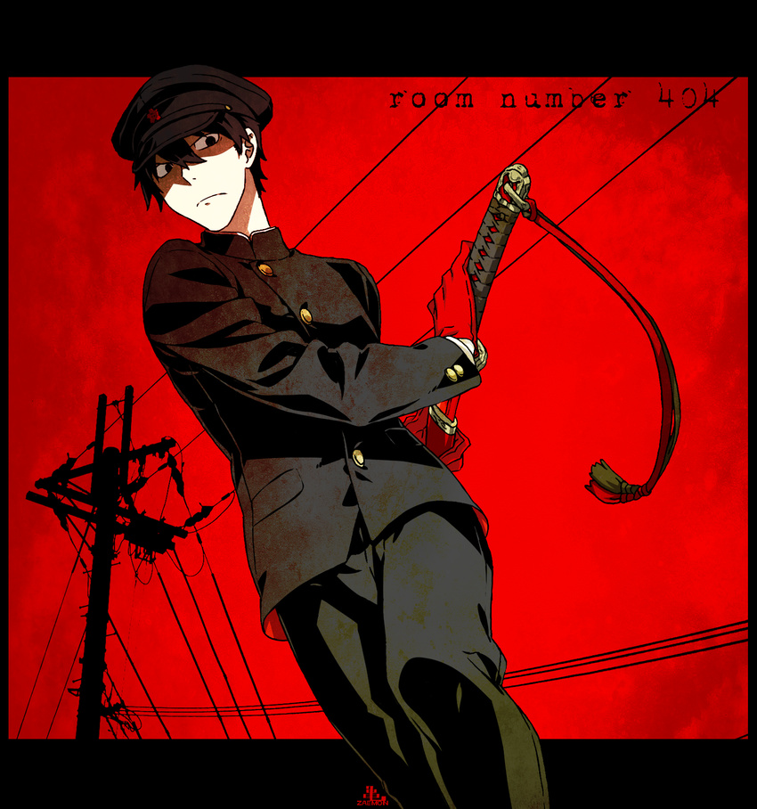 &gt;:( artist_name black_border black_eyes black_hair black_hat black_pants border buttons closed_mouth cowboy_shot from_below frown gakuran gloves hair_between_eyes hat highres kamezaemon katana long_sleeves looking_at_viewer looking_down male_focus original pants peaked_cap power_lines ready_to_draw red_background red_gloves room_number_404 school_uniform serious shaded_face sheath sheathed simple_background sword takamura_kyousuke tassel v-shaped_eyebrows weapon