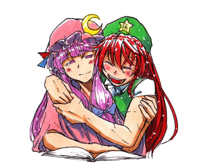 beret blue_bow book bow braid crescent hair_bow hat hong_meiling hug hug_from_behind koyubi_(littlefinger1988) long_hair mob_cap multiple_girls one-armed_hug patchouli_knowledge purple_eyes purple_hair red_hair ribbon scar smile star touhou