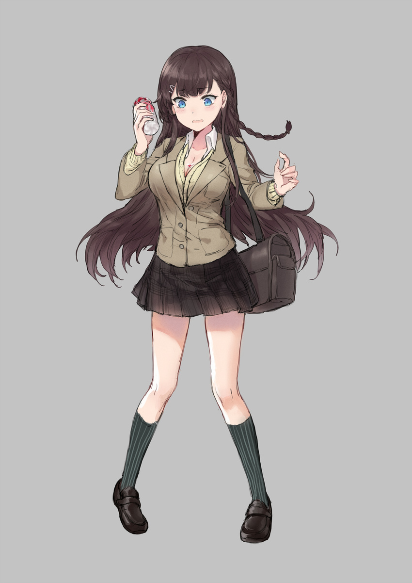 absurdres bad_id bad_pixiv_id bag bangs black_footwear black_hair black_skirt blazer blue_eyes blush bottle braid breasts cleavage commentary_request eyebrows_visible_through_hair full_body green_legwear hair_ornament hairclip hands_up highres holding holding_bottle jacket kneehighs large_breasts legs_apart leon_v loafers long_hair miniskirt original parted_lips pleated_skirt ribbed_legwear school_bag school_uniform shoes shoulder_bag side_braid simple_background skirt solo standing white_background