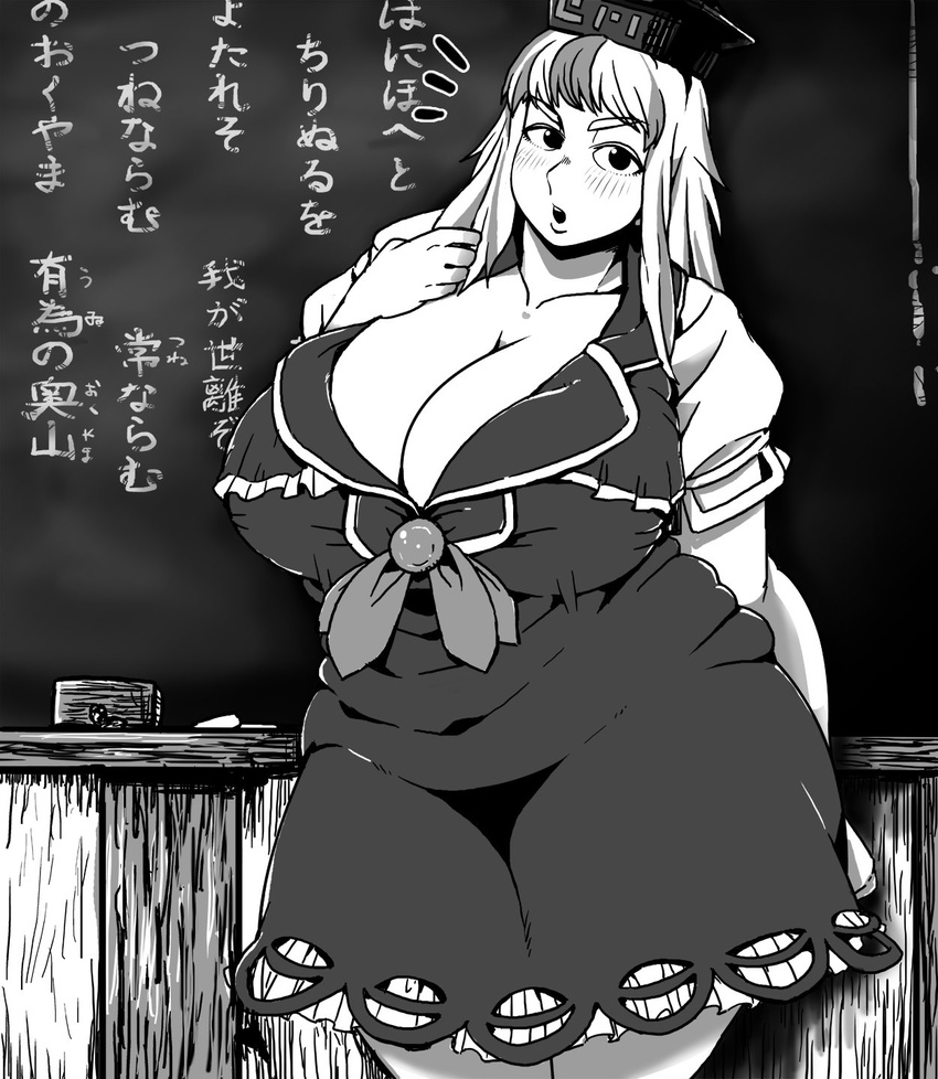 1girl :o blush breasts chalkboard cleavage collarbone commentary dress fat fat_folds gigantic_breasts greyscale hat highres ichigo_kotou kamishirasawa_keine long_hair looking_at_viewer monochrome multicolored_hair playing_with_own_hair solo streaked_hair thick_eyebrows thick_thighs thighs touhou translation_request wide_hips