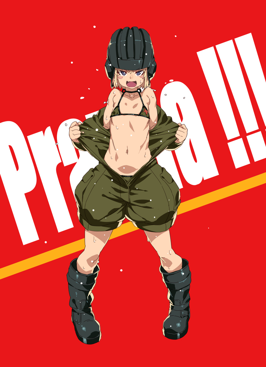 bangs bikini black_footwear blonde_hair blue_eyes blush_stickers boots emblem fang flat_chest full_body girls_und_panzer green_bikini green_jumpsuit helmet highres katyusha long_sleeves looking_at_viewer micro_bikini military military_uniform open_clothes open_mouth pravda_military_uniform red_background short_hair short_jumpsuit smile solo standing sweat swimsuit tasaka_shinnosuke uniform