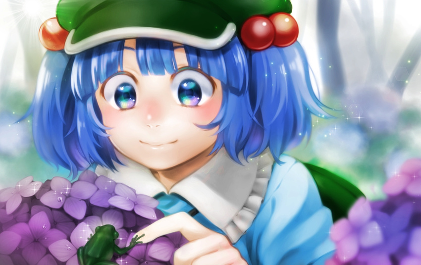 animal bangs blue_eyes blue_hair blunt_bangs blurry blurry_background blush flat_cap flower fog frilled_shirt_collar frills frog green_hat hair_bobbles hair_ornament hat hydrangea kawashiro_nitori nora_wanko outdoors short_hair size_difference solo sparkle tareme touhou two_side_up upper_body water water_drop