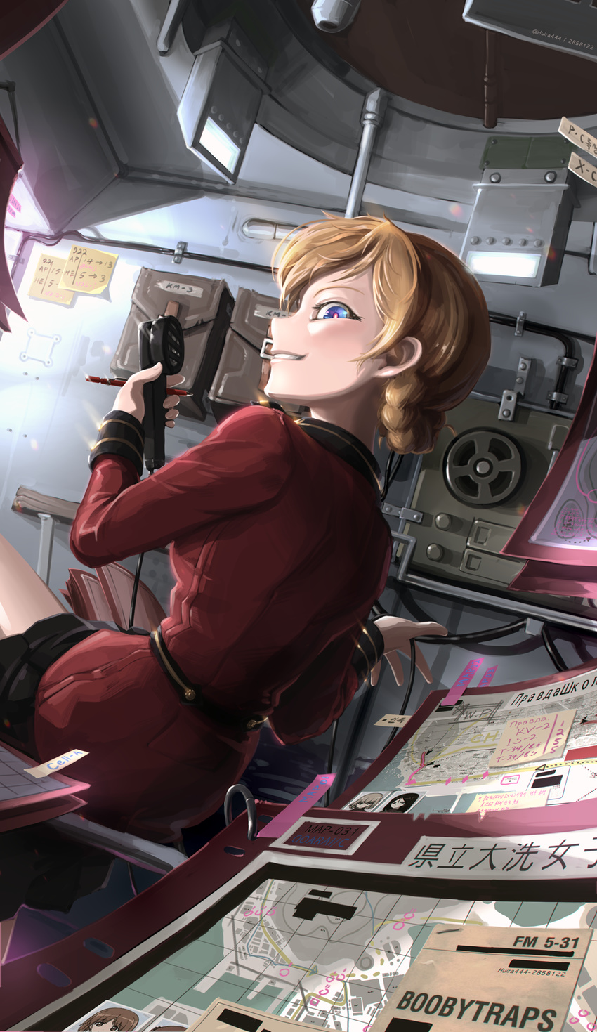 army_field_manual bangs black_skirt blonde_hair blue_eyes braid commentary cyrillic darjeeling denim dutch_angle english epaulettes from_behind girls_und_panzer grin highres holding huira444 jacket jeans katyusha long_sleeves looking_at_viewer looking_back map military military_uniform miniskirt nishizumi_miho nonna pants partially_translated phone photo_(object) pleated_skirt radio red_jacket russian short_hair sitting skirt smile solo st._gloriana's_military_uniform sticky_note tank_interior tied_hair translation_request troll_face twin_braids twitter_username uniform
