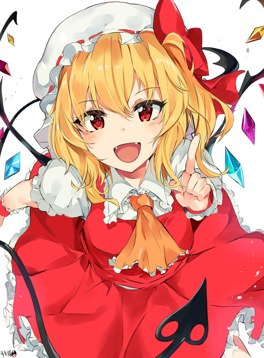 :d absurdres ascot bangs blonde_hair bow breasts collared_shirt commentary_request crystal fangs flandre_scarlet foreshortening frilled_shirt_collar frills hat hat_bow highres index_finger_raised laevatein looking_at_viewer medium_breasts mob_cap one_side_up open_mouth orange_neckwear red_bow red_eyes red_skirt red_vest ribbon-trimmed_headwear ribbon_trim shirt signature skirt skirt_set smile solo touhou tuxedo_de_cat vest white_background white_hat white_shirt wing_collar wings