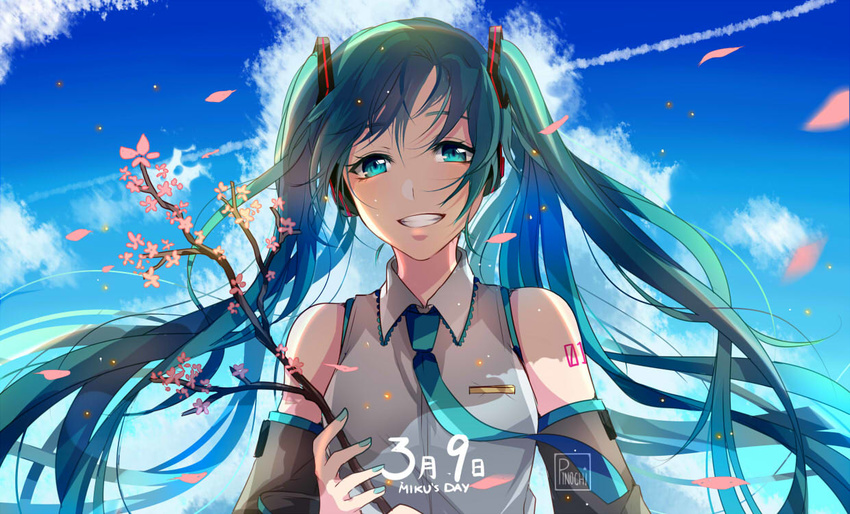 39 aqua_eyes aqua_hair aqua_nails aqua_neckwear arm_tattoo artist_name bangs bare_shoulders blue_sky blush branch cloud collared_shirt condensation_trail day detached_sleeves fuumeh grey_shirt grin hatsune_miku headphones holding long_hair long_sleeves looking_at_viewer nail_polish necktie number_tattoo outdoors parted_lips petals shirt sky smile solo tattoo teeth twintails upper_body vocaloid wing_collar