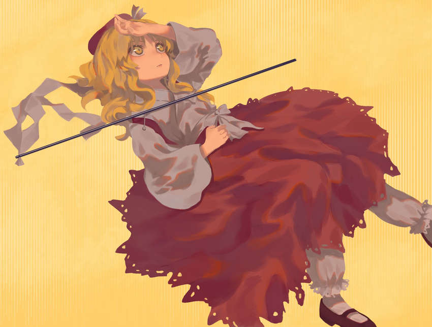 bangs berabou black_footwear blonde_hair closed_mouth commentary_request detached_sleeves expressionless gohei hand_on_own_head hat highres long_hair long_sleeves looking_away lying puffy_sleeves red_hat red_skirt shirt shoes simple_background skirt touhou underpants wavy_hair white_shirt