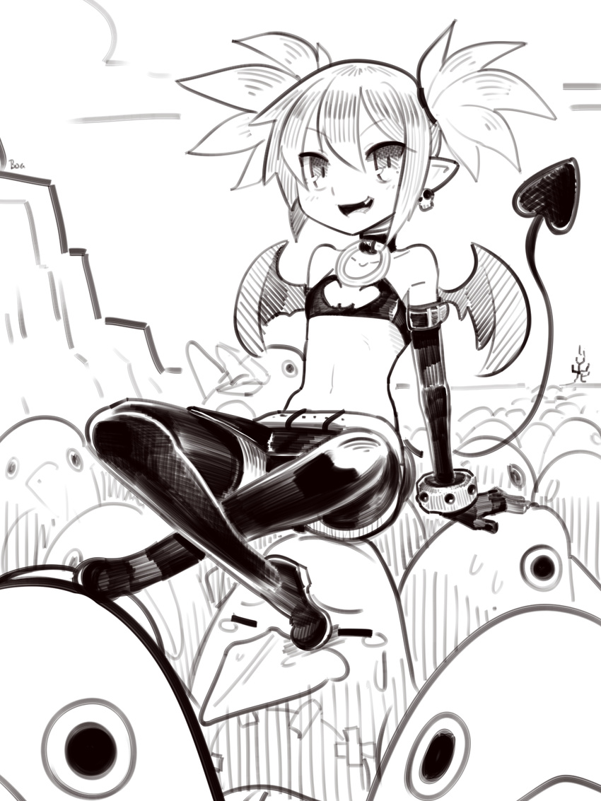 :d bat_wings belt boa_(brianoa) boots bra bracelet choker commentary creature crossed_legs demon_girl demon_tail disgaea disgaea_d2 earrings etna greyscale highres jewelry looking_at_viewer makai_senki_disgaea midriff miniskirt monochrome open_mouth pointy_ears prinny short_hair sitting sitting_on_person sketch skirt skull_earrings smile spiked_hair tail thigh_boots thighhighs twintails underwear wings