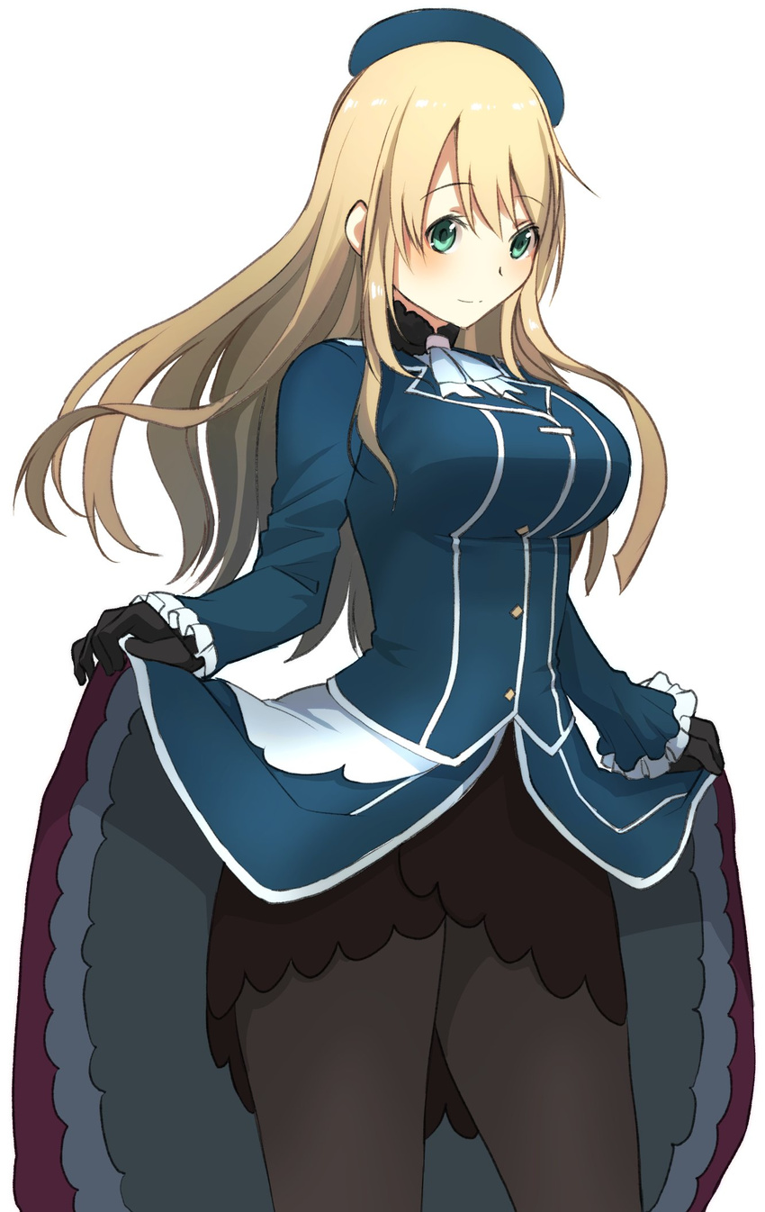 atago_(kantai_collection) bangs beret black_gloves black_legwear blonde_hair blue_dress blue_eyes blue_hat blue_jacket blush breasts closed_mouth commentary_request cowboy_shot dress dress_lift gloves hat highres jacket kantai_collection large_breasts long_hair long_sleeves looking_at_viewer masukuza_j pantyhose simple_background solo white_background
