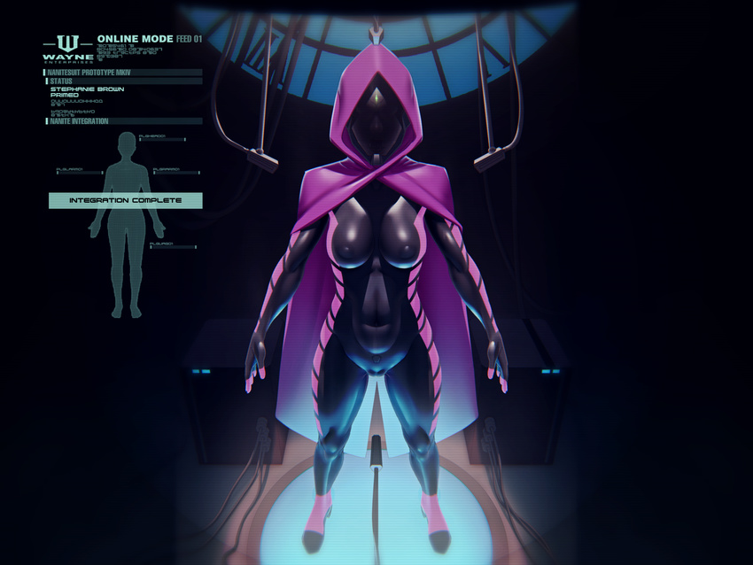 bodysuit breasts cable cloak covered_navel dc_comics english gag glowing helmet highres hood hooded_cloak john_doe laboratory latex medium_breasts mind_control muscle muscular_female open_mouth ring_gag science_fiction skin_tight solo standing stephanie_brown