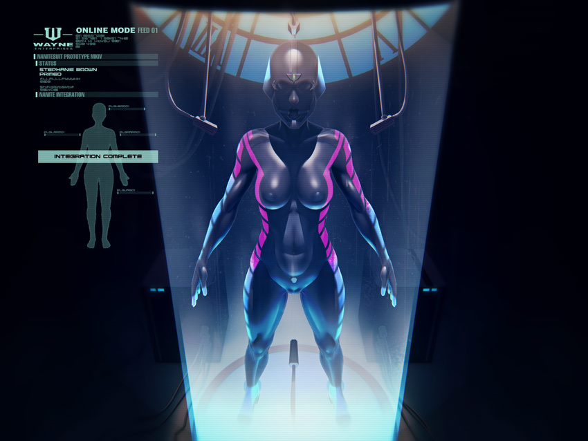 bodysuit breasts cable covered_navel dc_comics english gag glowing highres john_doe laboratory latex medium_breasts mind_control muscle muscular_female open_mouth ring_gag science_fiction skin_tight solo standing stephanie_brown tongue transparent tube