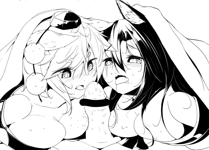 2girls absurdres animal_ears bangs bar_censor bare_shoulders blanket blush breasts censored cleavage erection eyebrows_visible_through_hair fang fellatio greyscale hair_between_eyes hat heart heart-shaped_pupils hetero highres hira_(nanika_no_heya) imaizumi_kagerou inubashiri_momiji large_breasts long_hair monochrome multiple_girls nose_blush open_mouth oral penis pom_pom_(clothes) saliva saliva_trail short_hair simple_background sweat symbol-shaped_pupils tokin_hat tongue tongue_out touhou white_background wolf_ears